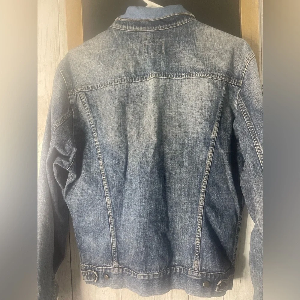 Custom upcycled retro Absolut Joy lace eyelet jean jacket Women’s SM